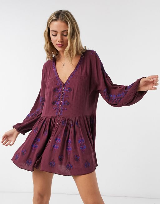 Free People Arianna embroidered tunic dress in red | ASOS