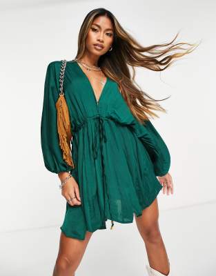 Free People Arzel plunge mini dress in teal | ASOS