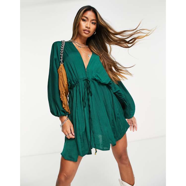 green emerald velvet dress Free People Shayla Green Long Sleeve Printed Button Down Ruched Mini Dress S