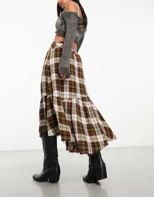 Free People – Asymetryczna spódnica midi w brązową kratę, 2 z 4
