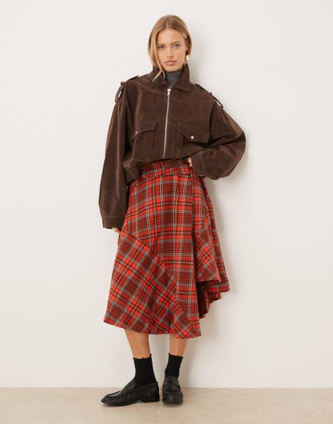 Free People asymmetric circle skirt in red check - view 1