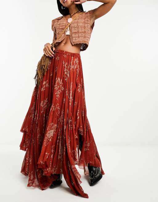 Free People asymmetric hem boho midaxi skirt in rust