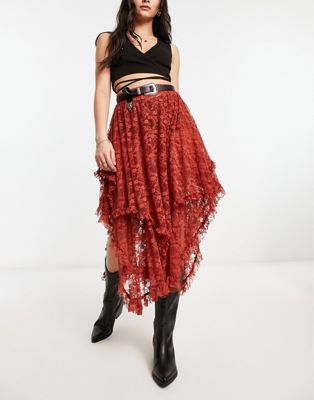 Free People asymmetric lace midi skirt in rust | ASOS