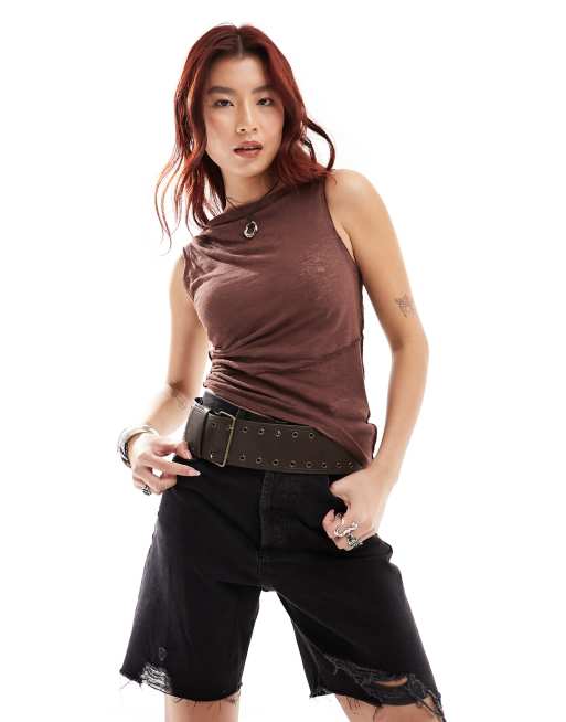 Free People – Asymmetrisches, transparentes Tanktop in Mokka mit Wasserfallausschnitt