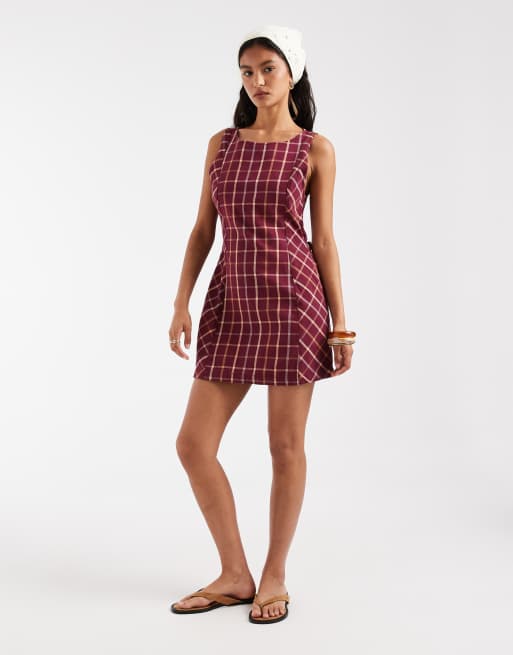 Free People Atlas plaid mini dress in cocoa plum combo, 3 of 4