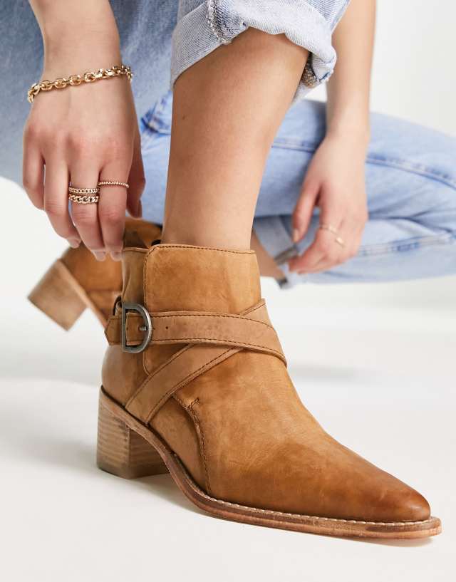 Free People back loop ankle boots with cross straps and buckle in tan