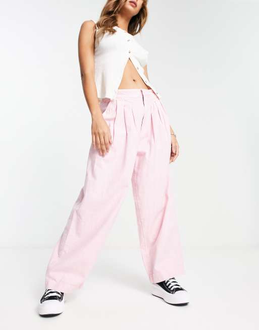 Free People baggy fit linen trousers in bleached pink