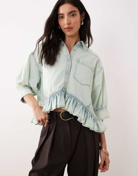 Free People bailey denim shirt with ruffle peplum in light tint wash - view 1