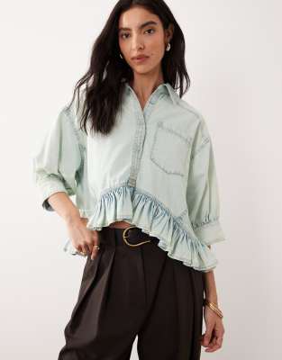 Free People Bailey Denim Shirt With Ruffle Peplum In Blue