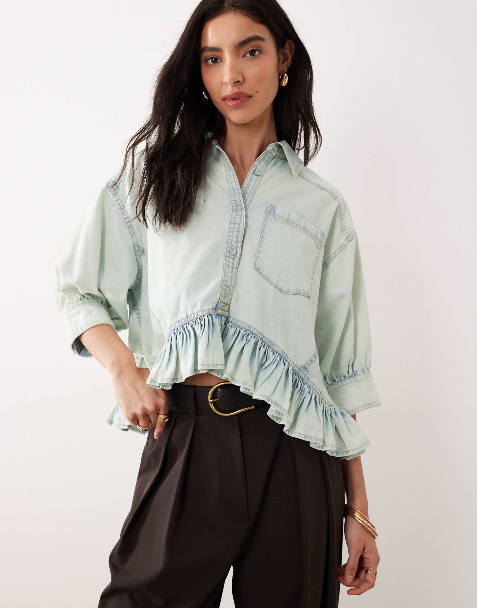free people bailey denim shirt with ruffle peplum in light tint wash