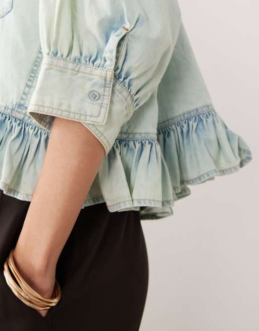 Free People bailey denim shirt with ruffle peplum in light tint wash, 3 of 4