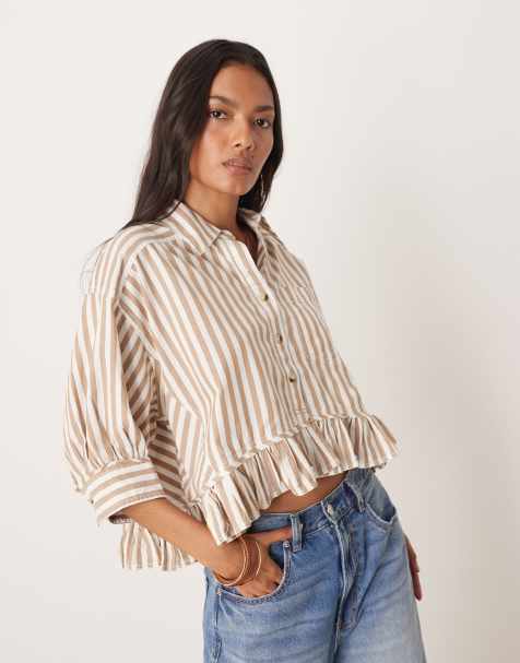 Free People bailey stripe crop ruffle edge shirt in neutral  - view 1