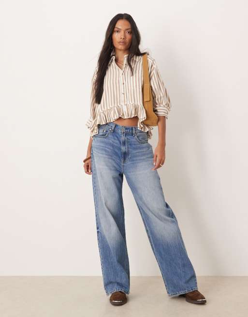 Free People bailey stripe crop ruffle edge shirt in neutral , 2 of 4