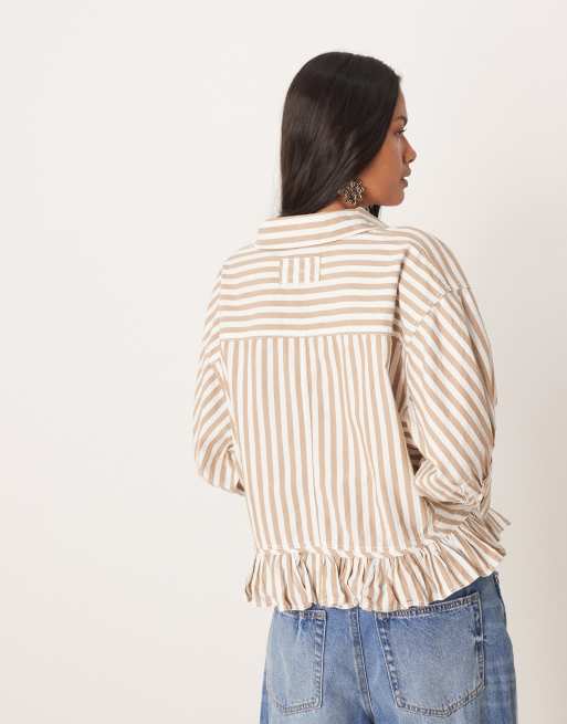Free People bailey stripe crop ruffle edge shirt in neutral , 4 of 4