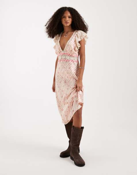 Free People bali lace v neck midi dress in pink floral - view 1