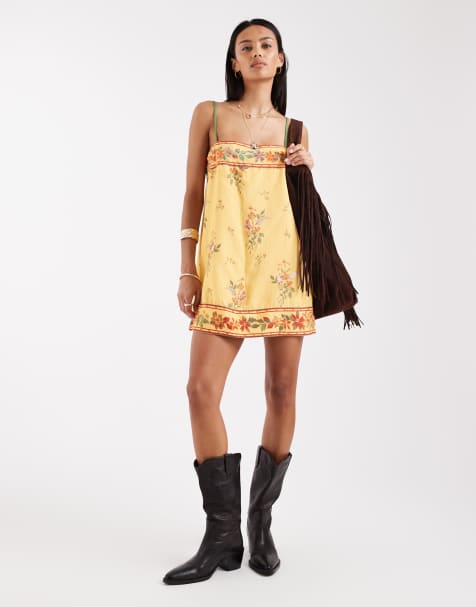 Free People bali take you with me mini slip dress in yellow combo - view 1