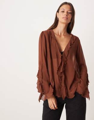 Free People - Bali Tulula - Boho-Bluse aus Chiffon in Umbra mit Rüschen-Brown