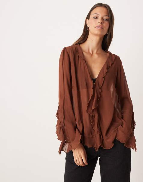 Free People – Bali Tulula – Brun blus i bohostil av chiffong med volang - view 1