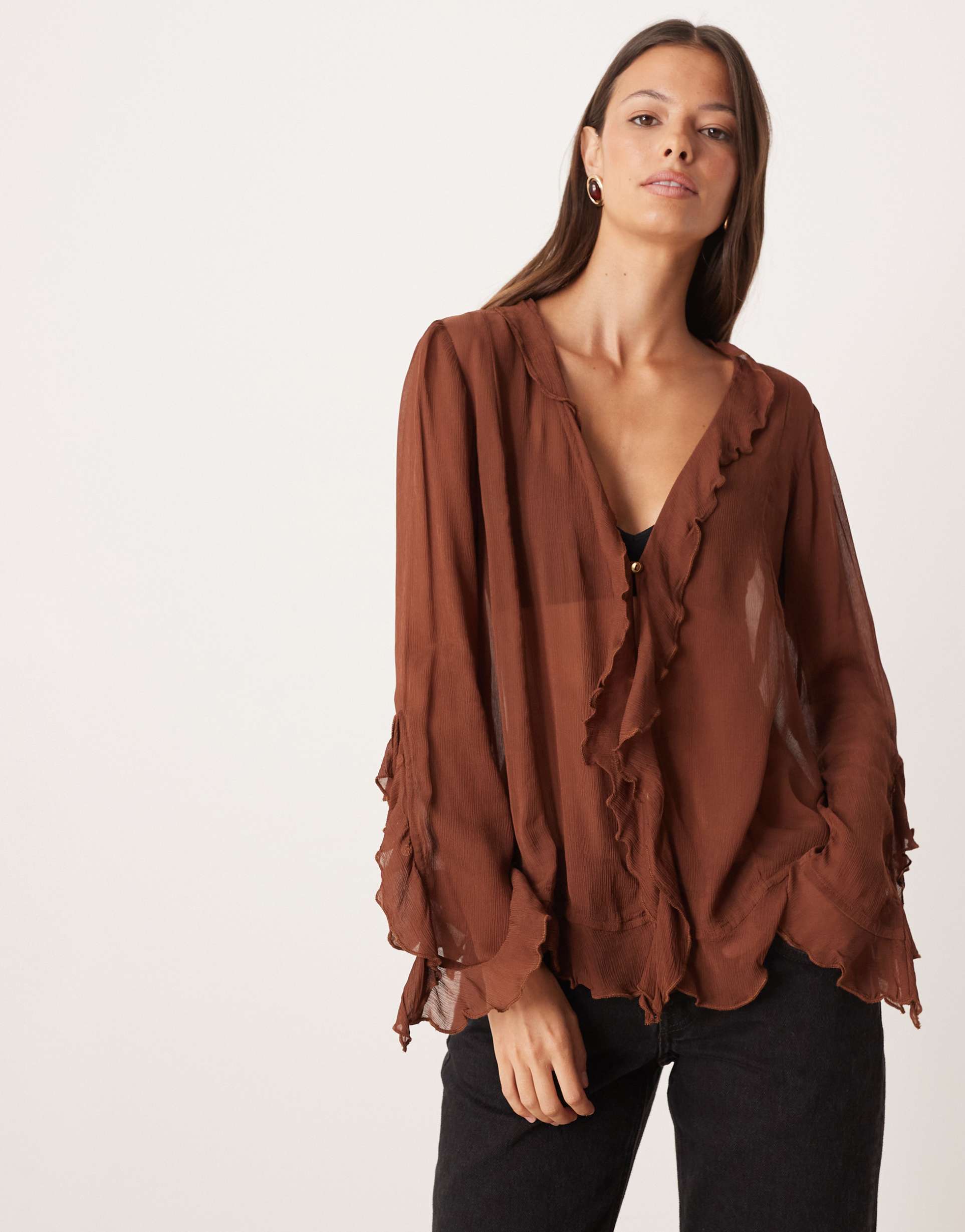 free people bali tulula chiffon ruffle boho blouse in umber