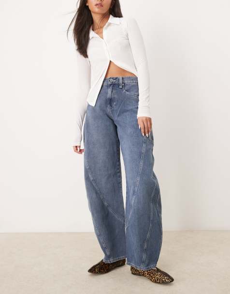 Free People barrel leg low-rise jeans in mid wash blue - view 1