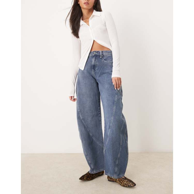[ ]Curved Leg Barrel Fit Rinse Wash Jeans★人気★ Flamingals Barrel Ripped High Rise Crop Distressed Wide Leg
