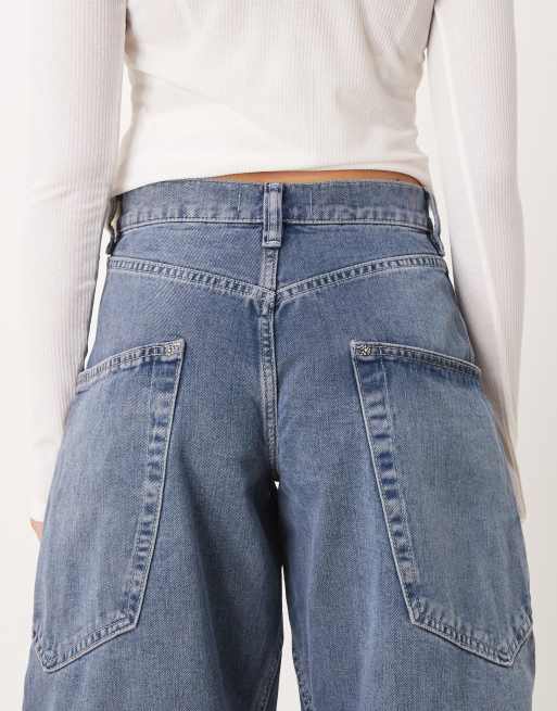Free People barrel leg low-rise jeans in mid wash blue, 4 of 5