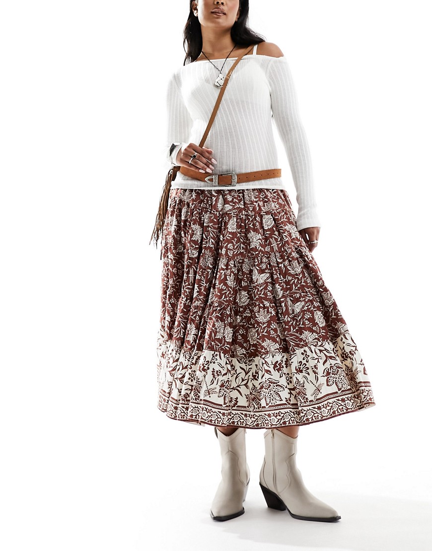 Free People batik print vintage look midi skirt in chocolate-Brown