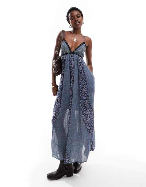 Free People beaded detail printed cami midi dress in blue - view 1
