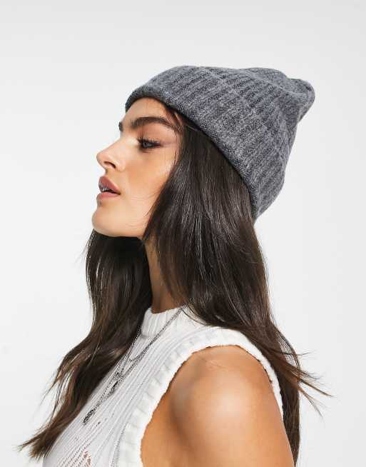 Free People - Beanie met wafelstructuur en omgeslagen rand in grijs