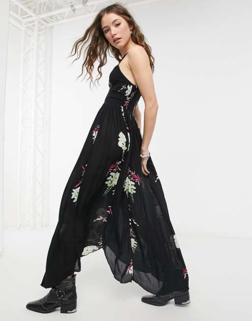 Free People Beau smocked printed slip dress in black combo ASOS