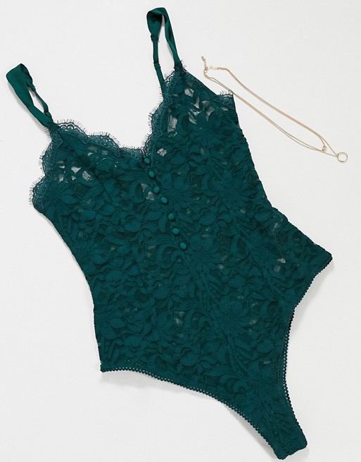 Free People bedroom date lace bodysuit in forest green