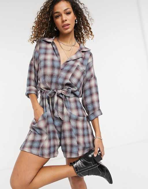 Free People before i let go playsuit with revere collar in vintage check