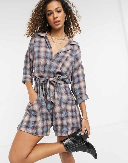 Free People before i let go romper with revere collar in vintage plaid