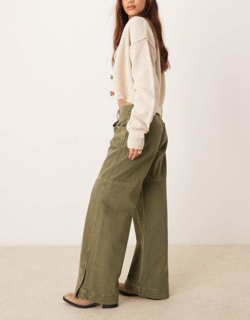 Free People benji relaxed wide leg trousers in green, 3 of 5