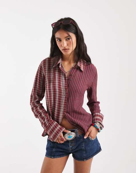 Free People benny slim fit button down contrast plaid check shirt in rusty red - view 1