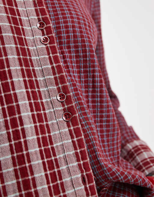 Free People benny slim fit button down contrast plaid check shirt in rusty red, 3 of 4