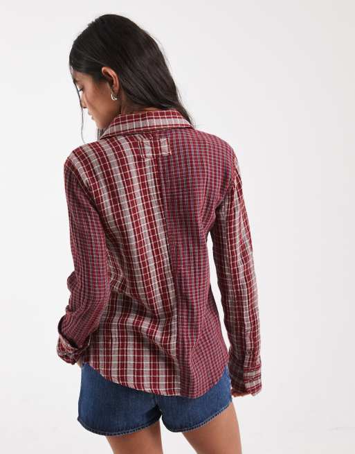 Free People benny slim fit button down contrast plaid check shirt in rusty red, 4 of 4