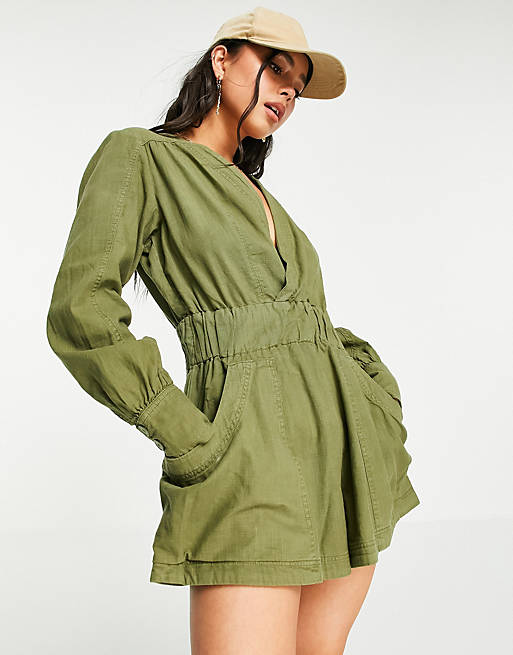 Free People Beside You utility playsuit in green