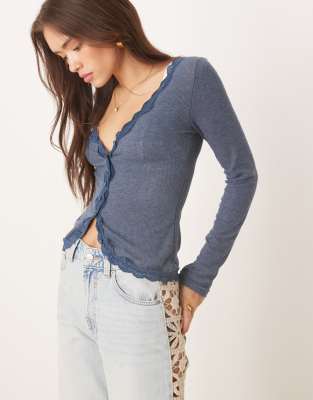 Free People Free People big love lace edge cardigan in ocean heather-Navy