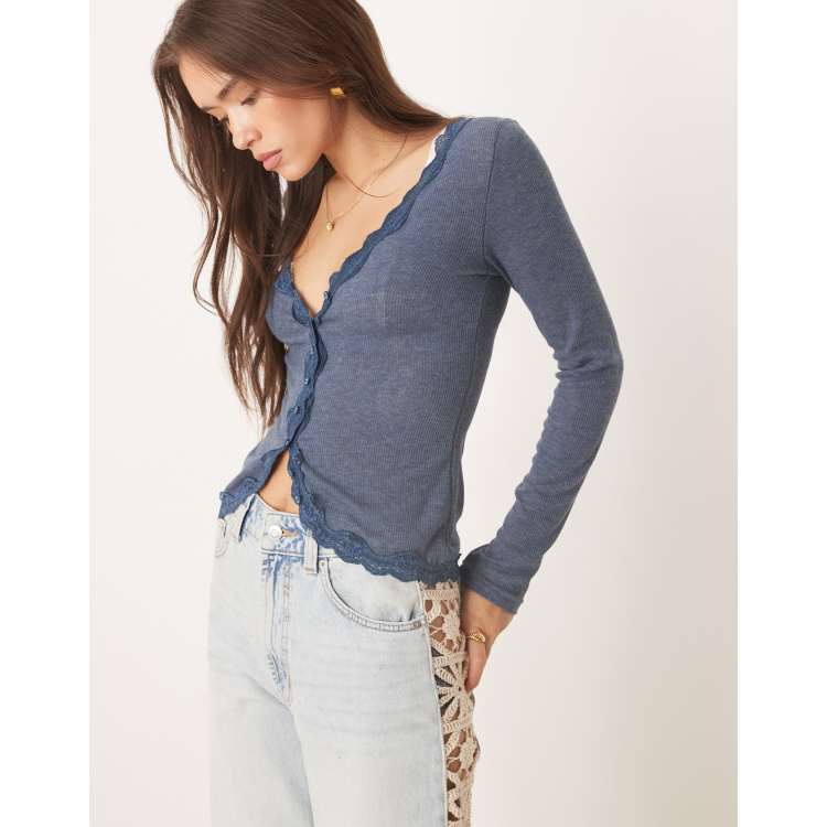 Free People big love lace edge cardigan in ocean heather | ASOS