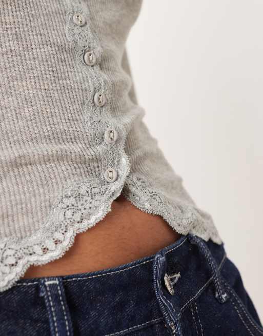 Free People – Big Love – Strickjacke in Heidegrau mit Spitzenborte, 3 von 4