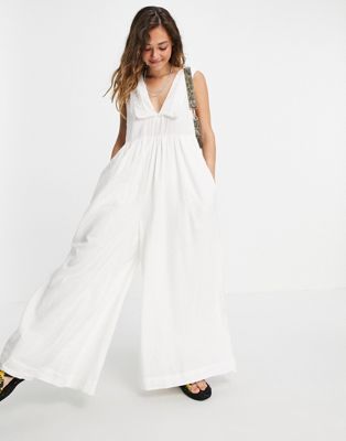 Free People Big Love wide leg jumpsuit with oversized collar-White