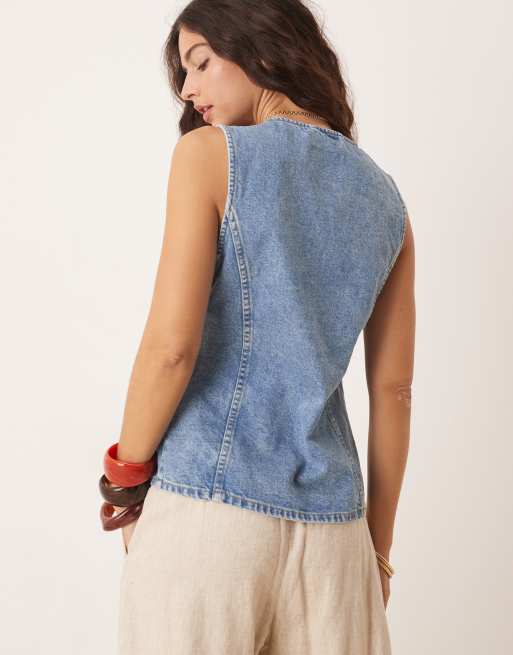 Free People - Blå denimtop med knappedetaljer, 4 af 4