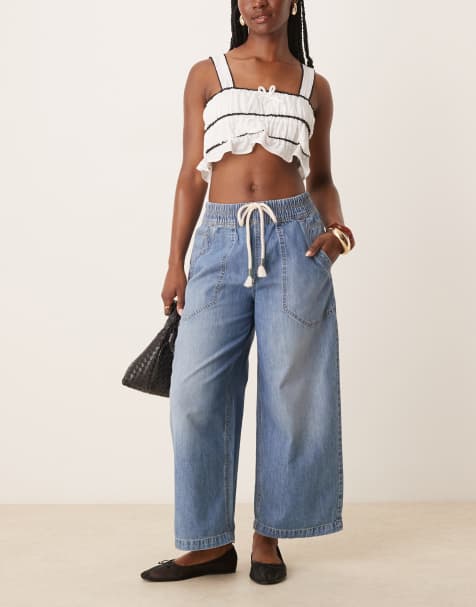 Free People - Blå jeans med bindedetalje og tøndeformede ben - view 1