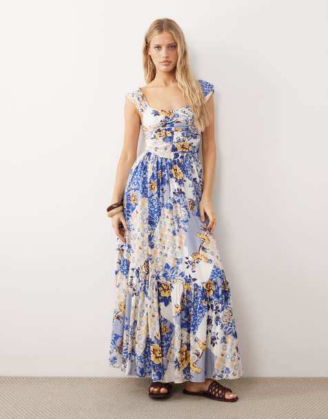 Free People – Blå- och vitblommig maxiklänning med korsettdesign och sänkt midja - view 1