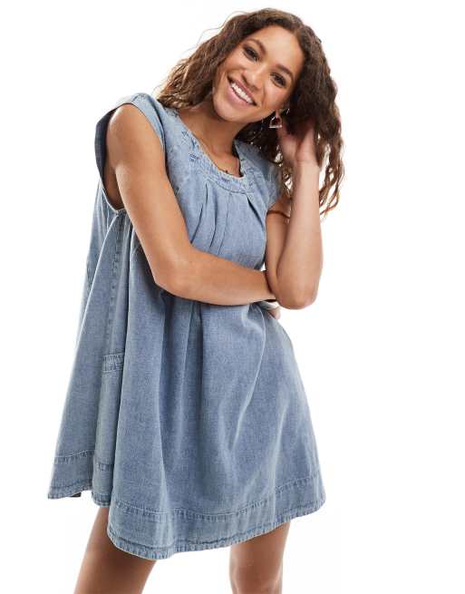 Free People - Blå smock-minikjole i denim