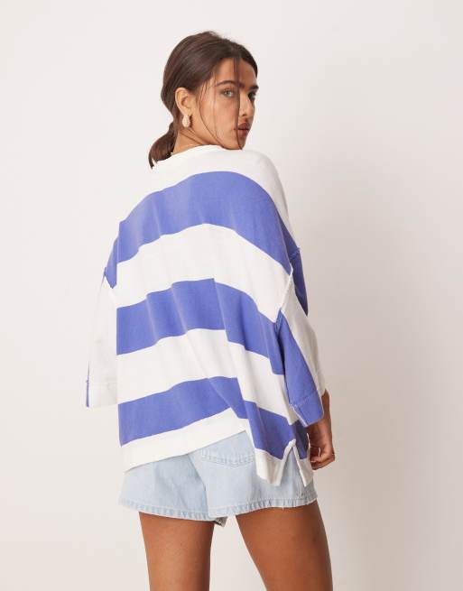 Free People – Blå t-shirt med knappar och stora ränder, 4 av 4
