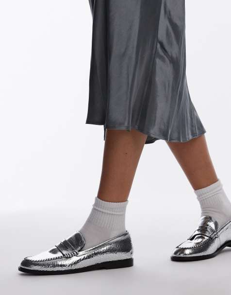 Free People blanket stitch metallic loafers in silver - view 1