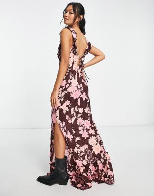 Free People bloom floral print floaty maxi slip dress in chocolate and pink