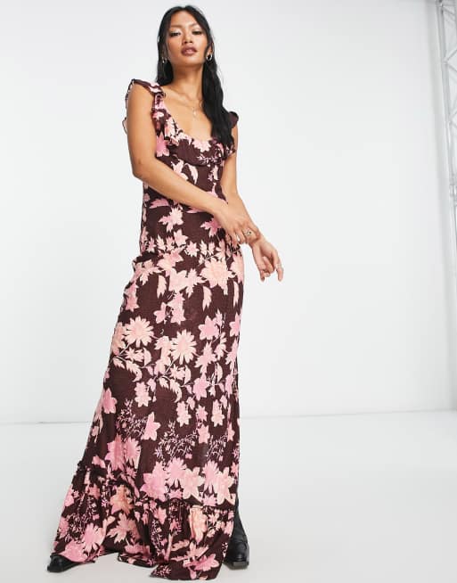 Free People Bloom floral print floaty maxi slip dress in chocolate